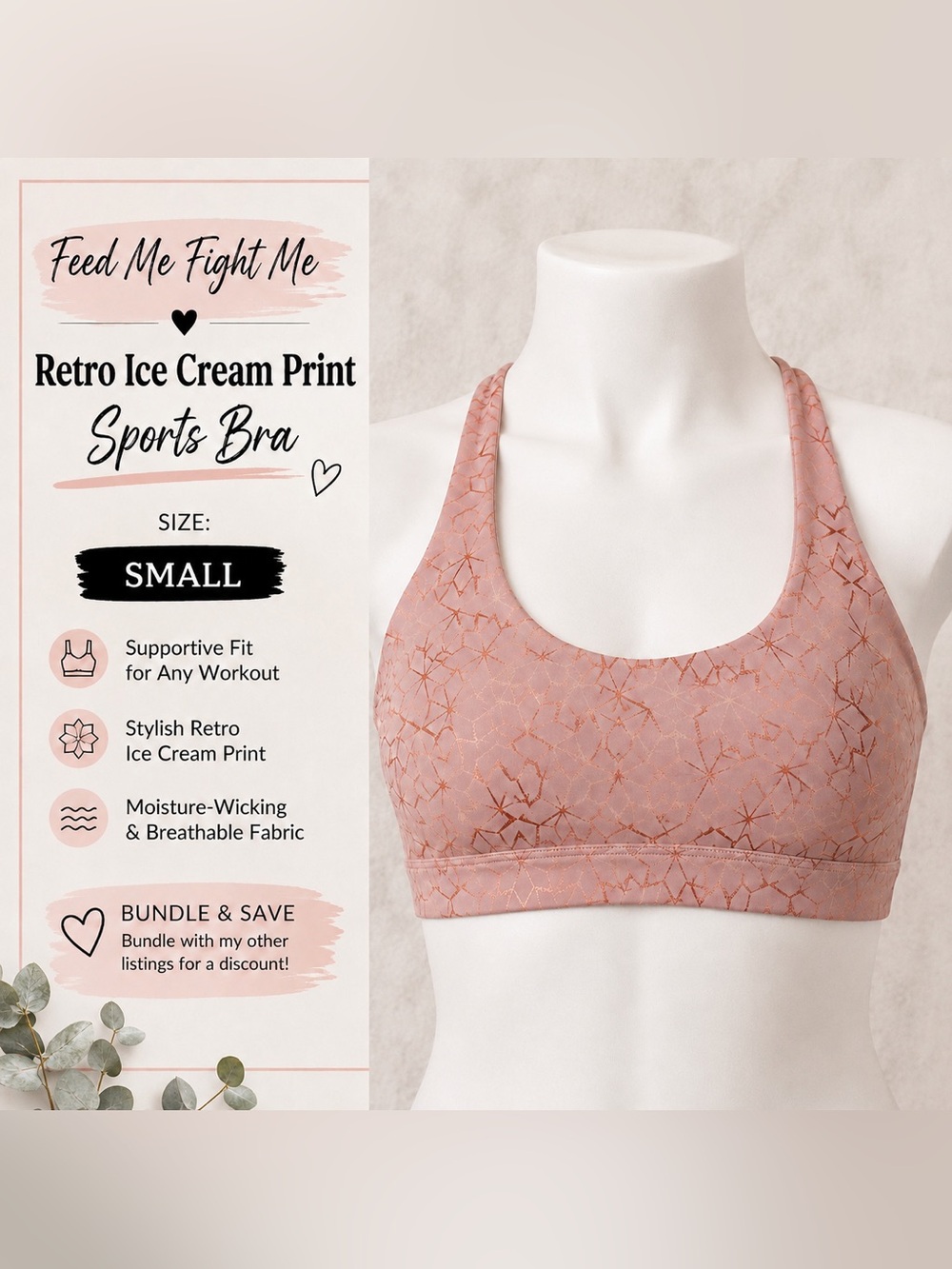 Feed me fight me small Retro Ice Cream Print Sports Bra - Blush Pink fmfm